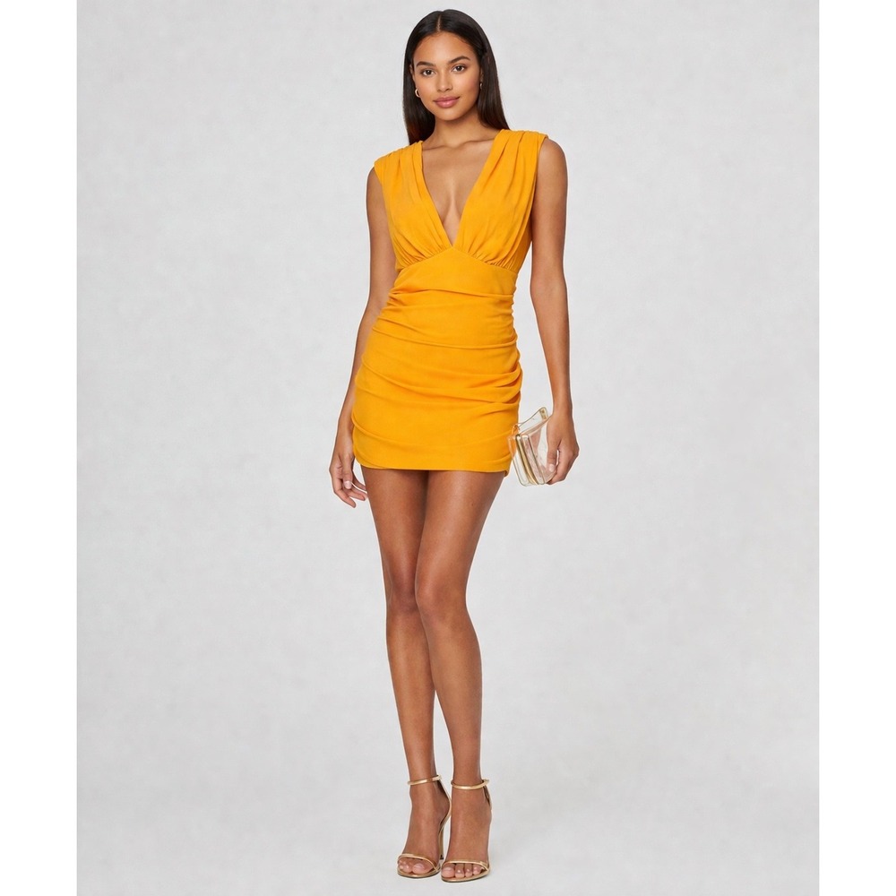 New! Amanda Uprichard Marigold Ruched Deep V Mini Dress Size Small